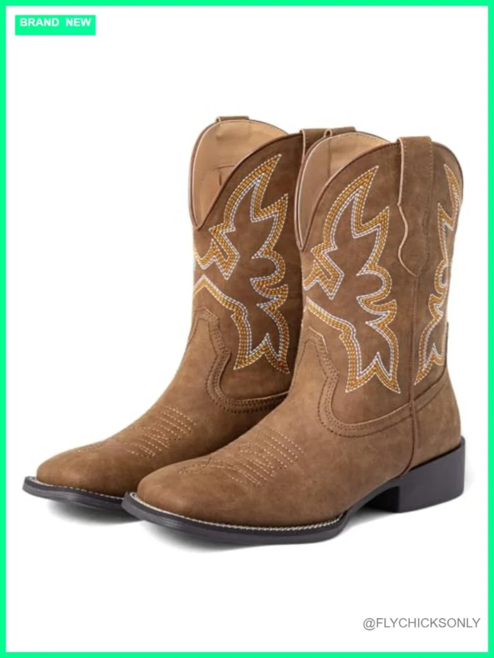 Wide Square Toe Cowgirl Boots with Embroidery Chunky Heel Pull On